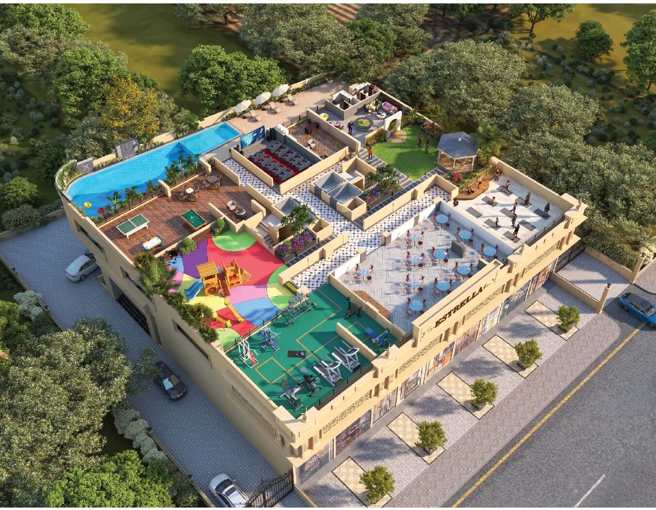 Aerial render of the rooftop leisure deck